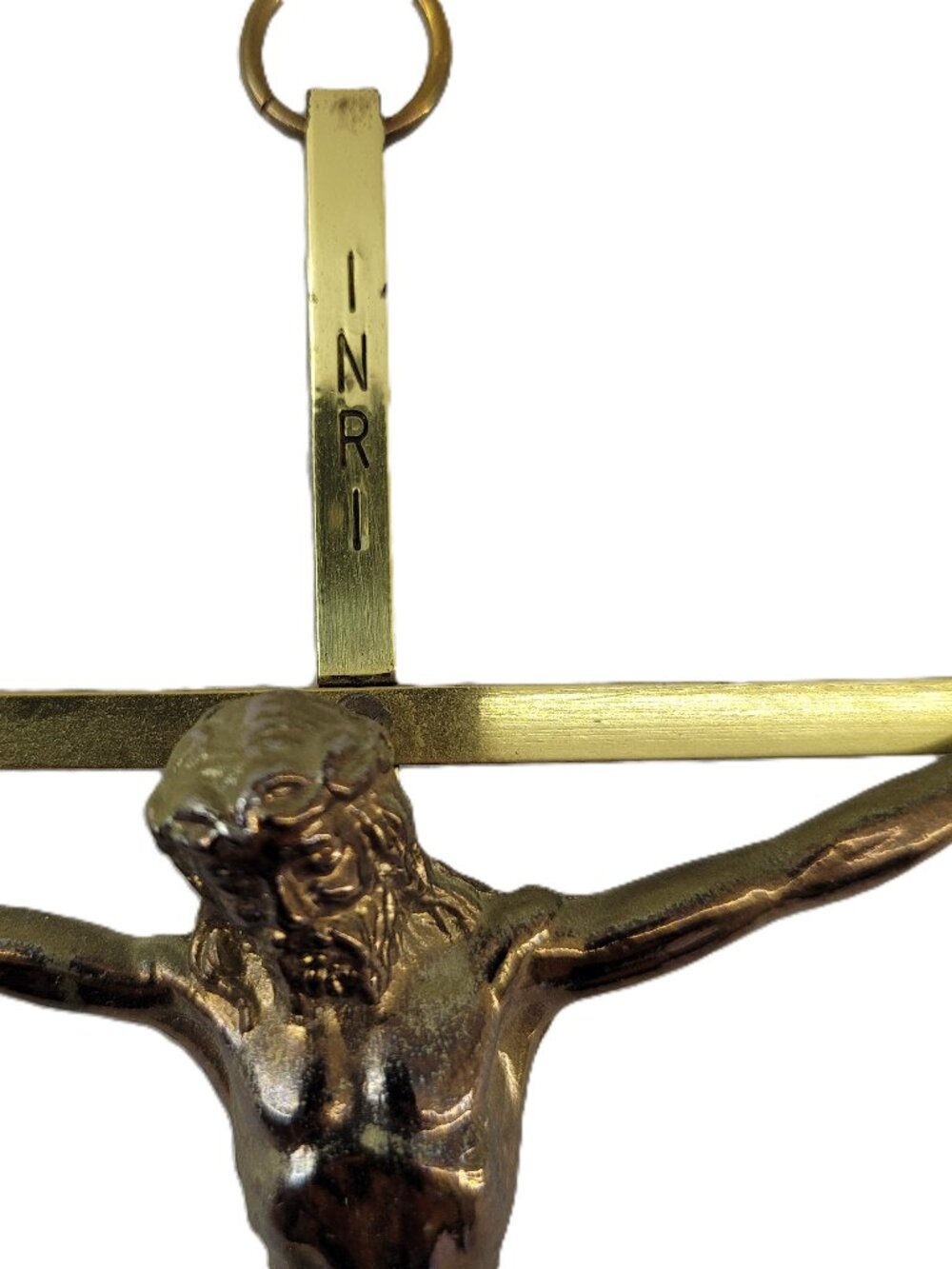 Vintage INRI Crucifix Pendant 10" Gold Tone Brass Corpus Cross Wall Hanger